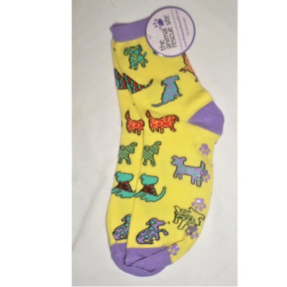 no-slip DIGGITY-DOG SOCKS - multicolor playful dogs on yellow background